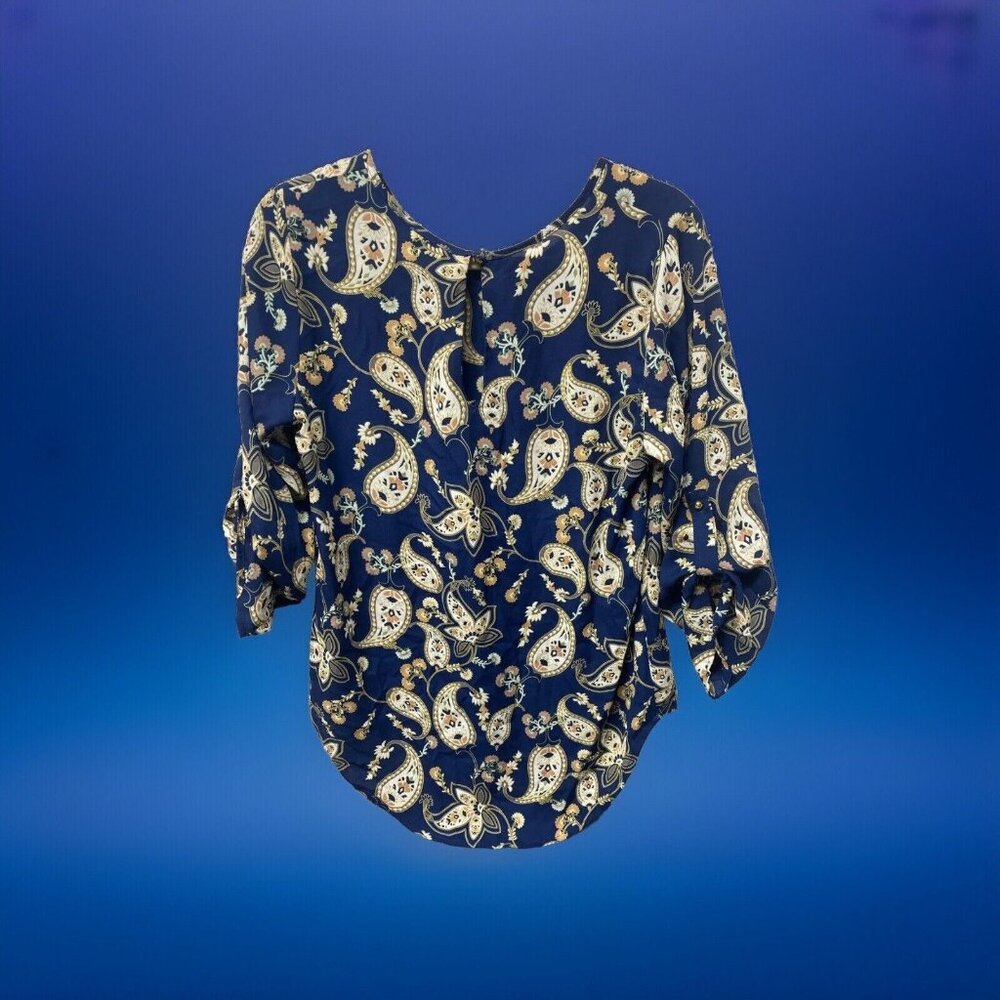 Lily White Womens’ Blouse Sz L Blue Paisley Lightweight Floral Tunic 3/4 Sleeves